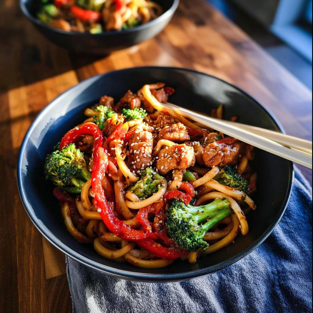 A close-up of a bowl of Spicy Garlic Chicken and Broccoli Noodle Bowls with udon noodles, chicken, broccoli, and red peppers.