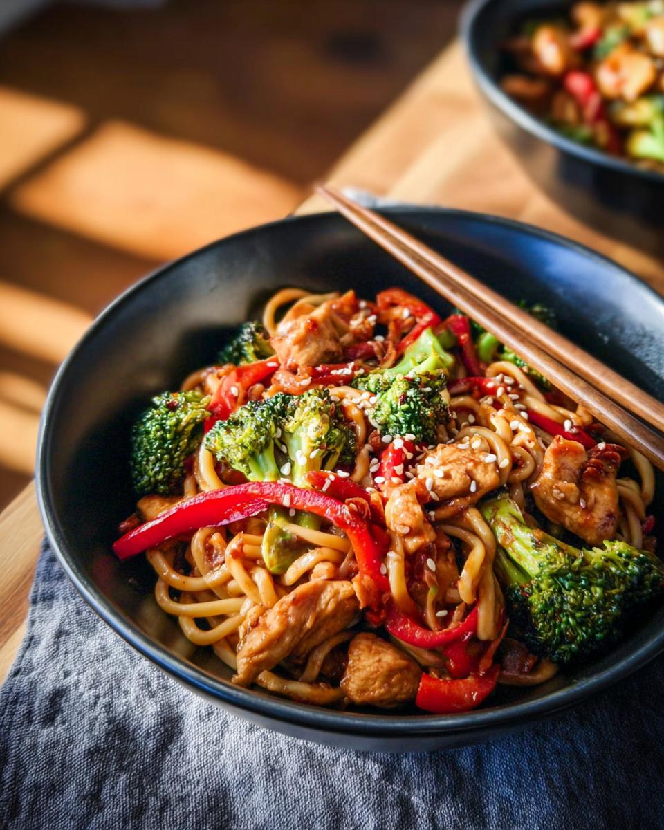 A close-up of a bowl of Spicy Garlic Chicken and Broccoli Noodle Bowls, featuring noodles, chicken, broccoli, and red peppers.