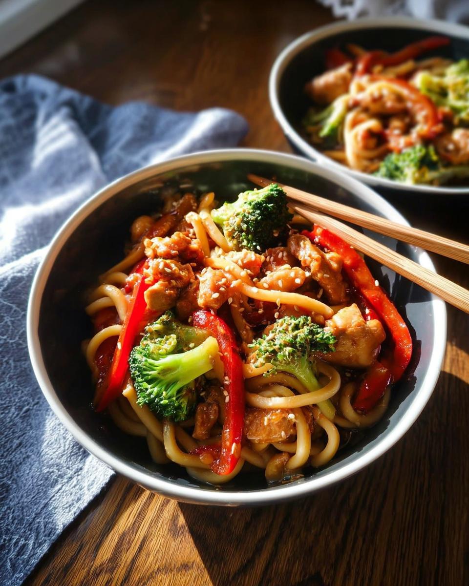 A close-up of Spicy Garlic Chicken and Broccoli Noodle Bowls, featuring udon noodles, chicken pieces, broccoli florets, and red bell peppers.