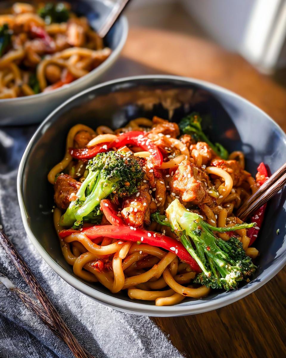 A close-up of a bowl filled with Spicy Garlic Chicken and Broccoli Noodle Bowls, featuring udon noodles, chicken, broccoli, and red bell peppers.