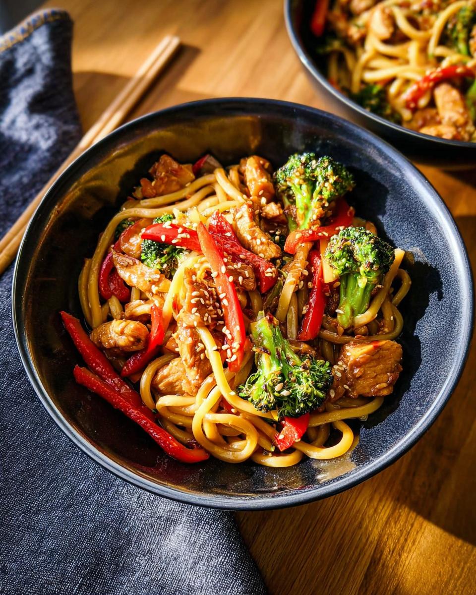 A close-up of a bowl filled with Spicy Garlic Chicken and Broccoli Noodle Bowls, featuring noodles, chicken, broccoli, and red peppers.