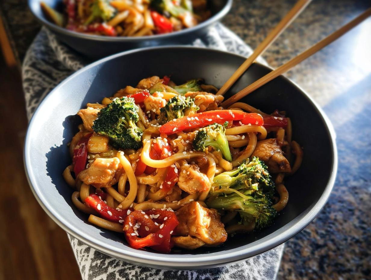 A bowl of Spicy Garlic Chicken and Broccoli Noodle Bowls with thick noodles, chicken, broccoli, and red peppers, topped with sesame seeds.