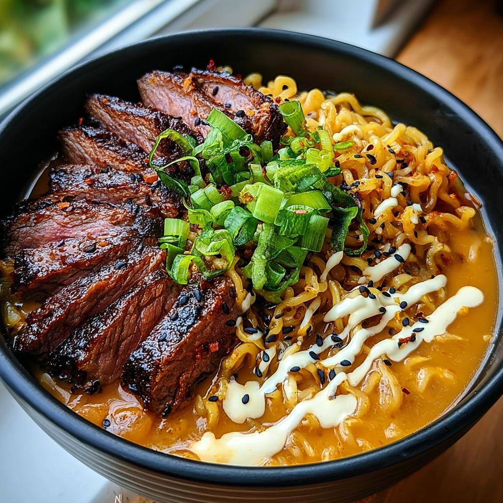 A bowl of Spicy Korean Ramen topped with sliced grilled beef, green onions, and a swirl of creamy sauce.