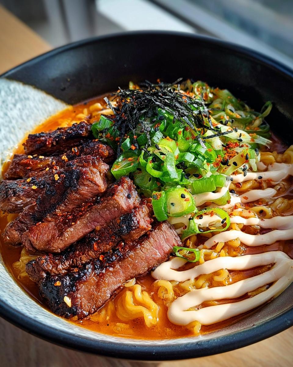 A bowl of Spicy Korean Ramen with tender grilled beef slices, creamy sauce drizzle, green onions, and nori.