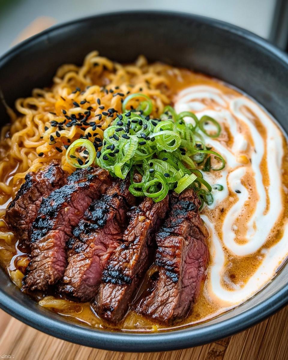 A bowl of Spicy Korean Ramen with perfectly grilled beef slices, creamy sauce, green onions, and black sesame seeds.