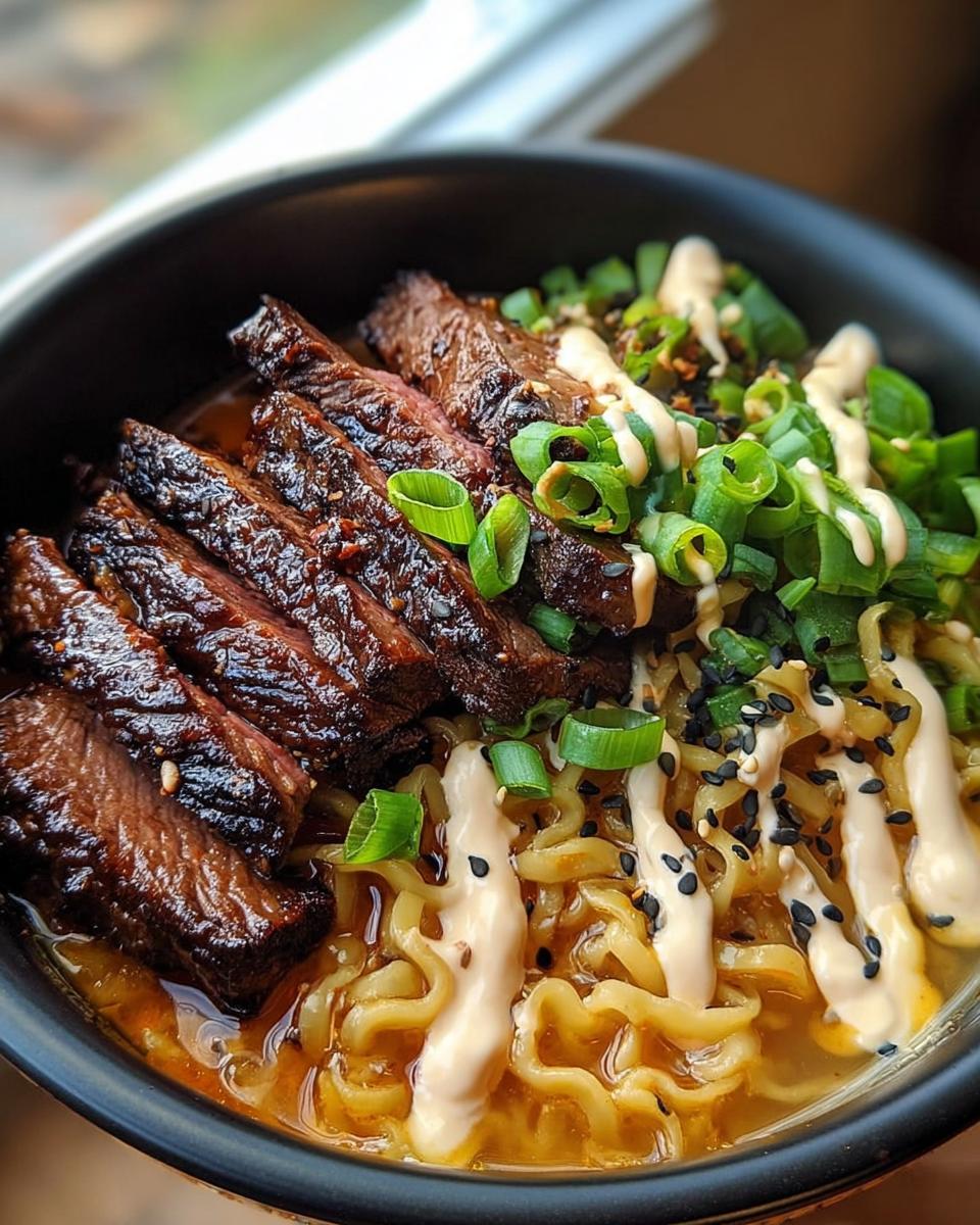 A close-up of Spicy Korean Ramen with perfectly grilled beef slices, green onions, and a drizzle of creamy sauce.