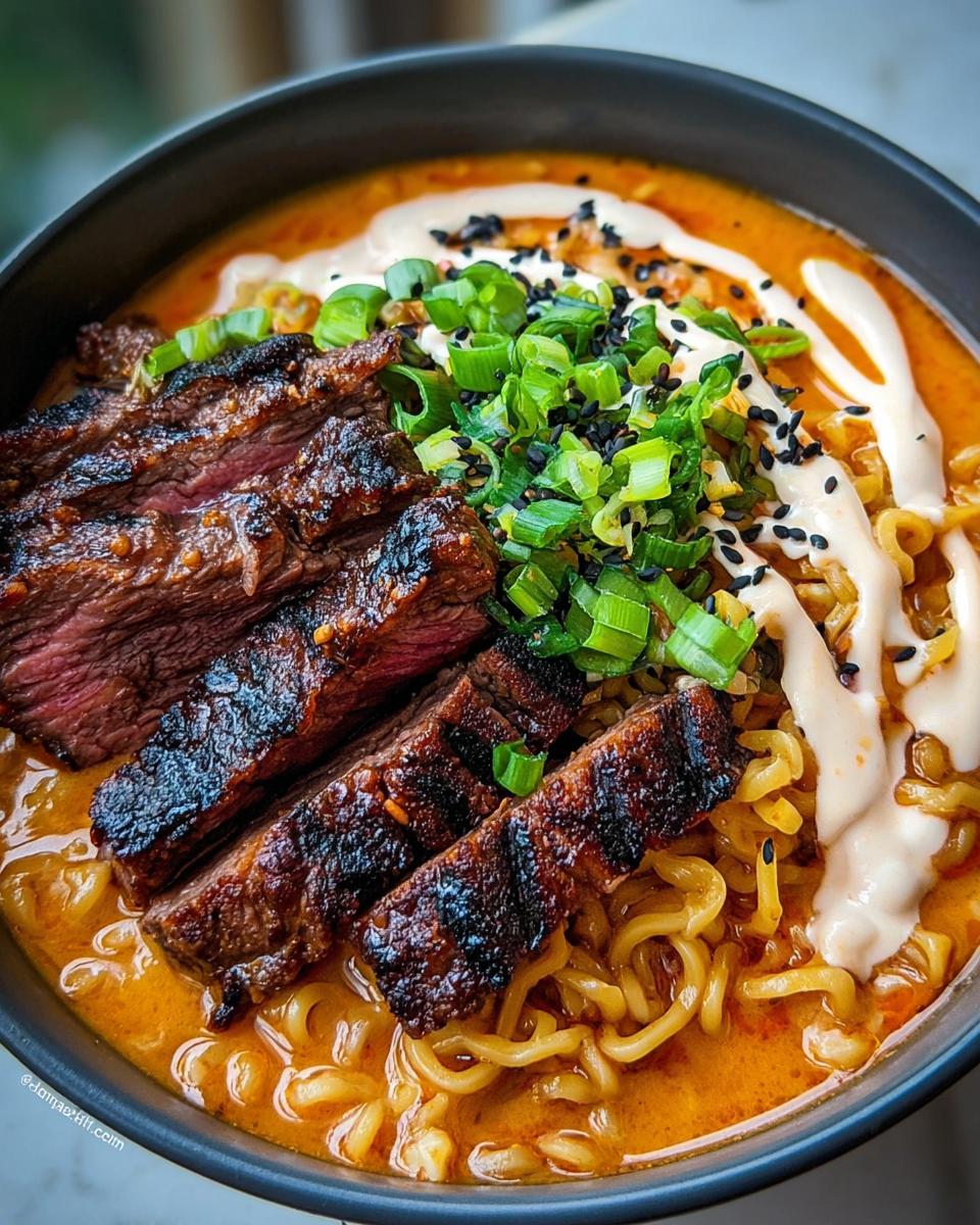 A bowl of Spicy Korean Ramen with Grilled Beef, featuring tender beef slices, ramen noodles, and a creamy sauce.