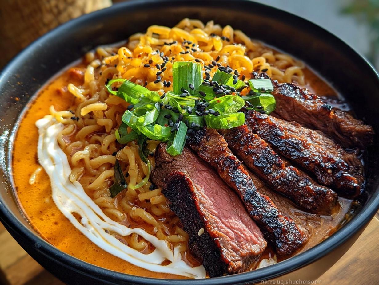 A bowl of Spicy Korean Ramen with Grilled Beef & Creamy Sauce, featuring noodles, tender beef slices, and a swirl of creamy sauce.
