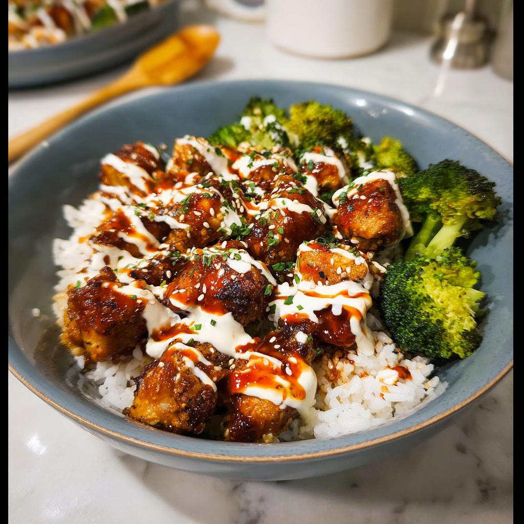 A close-up of a bowl of sticky chicken bowls, featuring rice, glazed chicken pieces, and steamed broccoli, drizzled with sauce and sesame seeds.