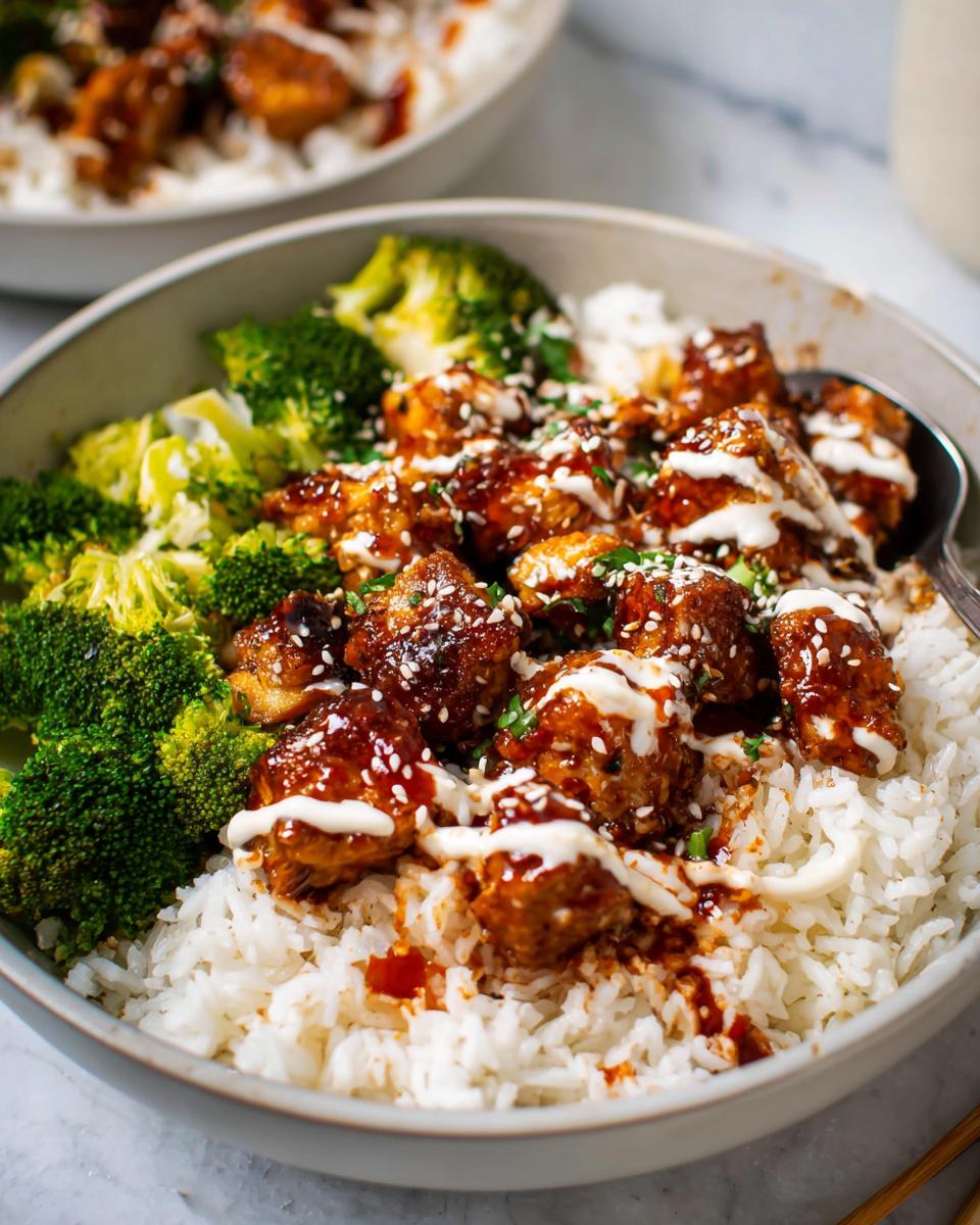 Close-up of a bowl of Sticky Chicken Bowls, featuring glazed chicken pieces, steamed broccoli, and white rice, drizzled with sauce and sesame seeds.