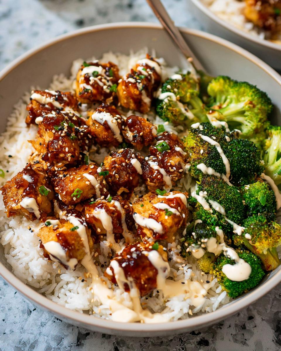 Close-up of a bowl filled with white rice, topped with glazed sticky chicken and steamed broccoli, drizzled with sauce.