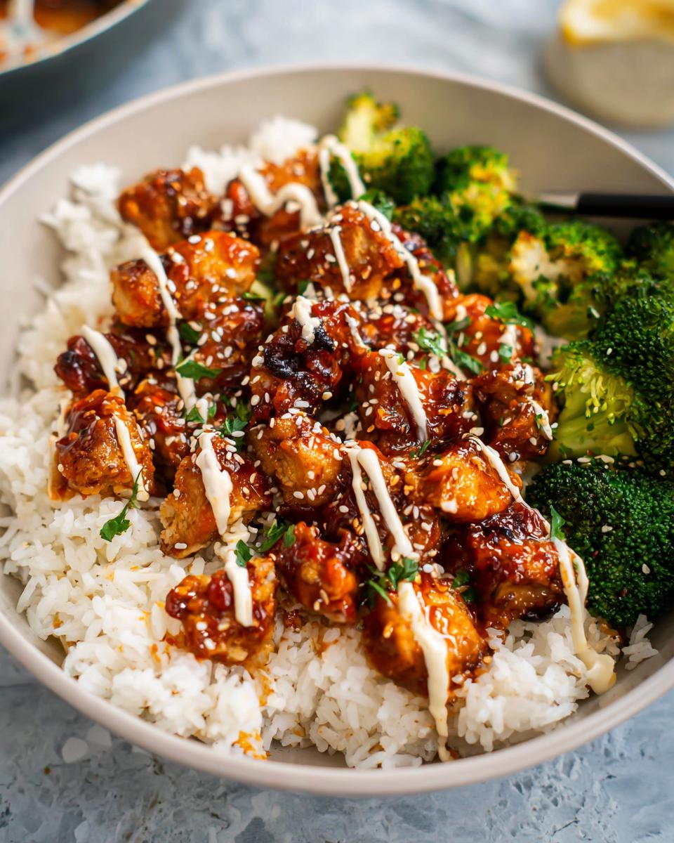 A close-up of a bowl filled with white rice, topped with glazed sticky chicken pieces, steamed broccoli, and a drizzle of white sauce.