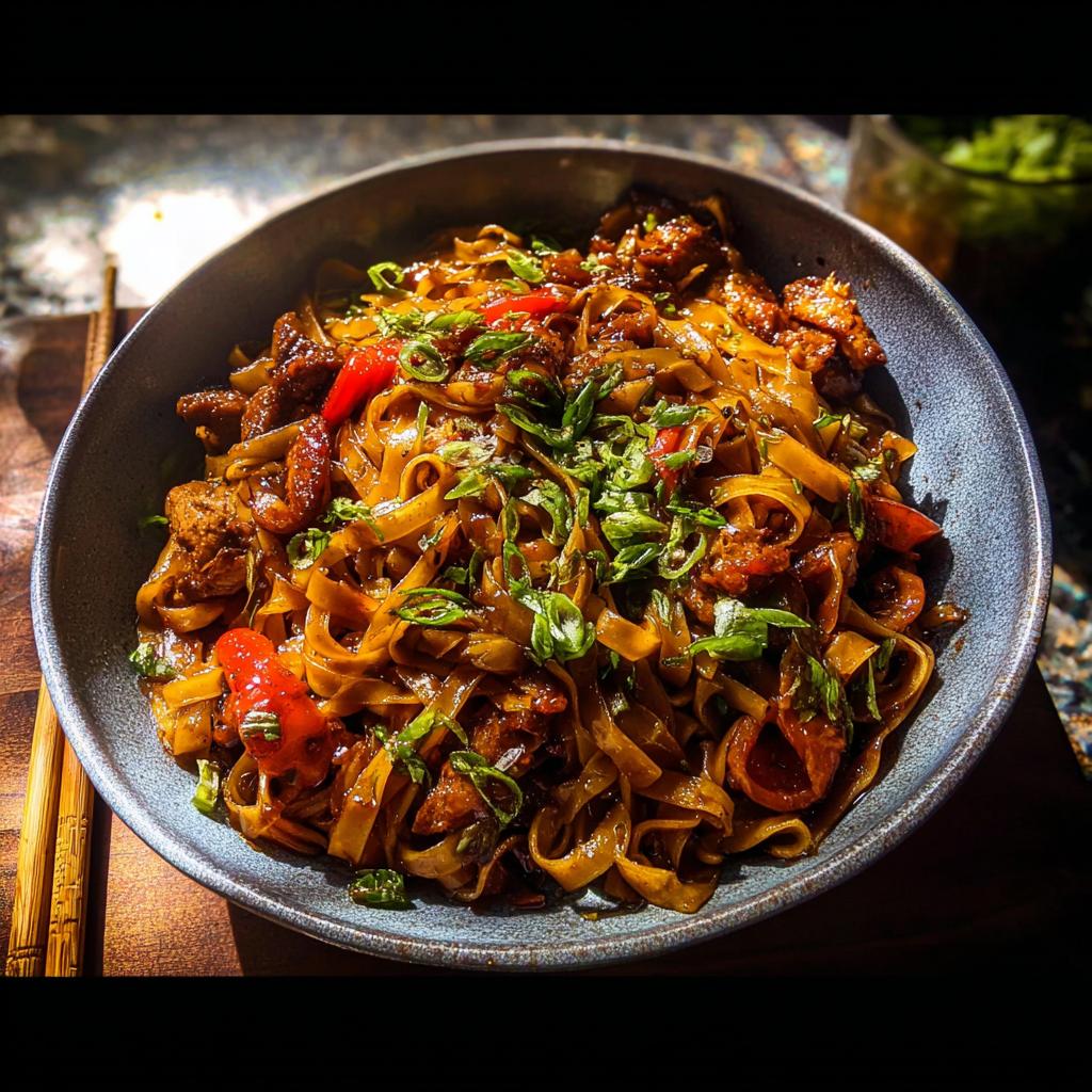 A close-up of a bowl filled with glossy Sticky Garlic Chicken Noodles, garnished with fresh green onions and red peppers.