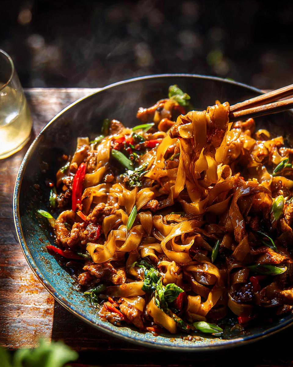A close-up of steaming Sticky Garlic Chicken Noodles being lifted with chopsticks from a bowl, showing tender chicken, wide noodles, chili peppers, and green onions.