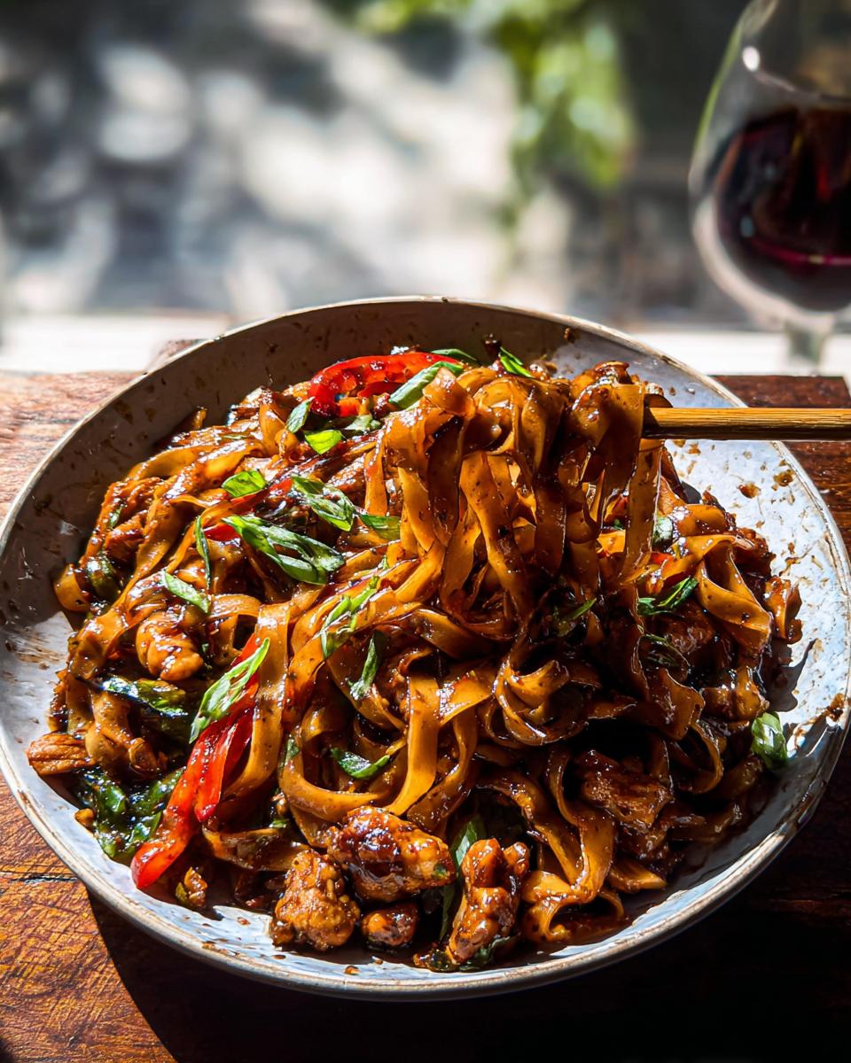 A close-up of a bowl of Sticky Garlic Chicken Noodles, with chopsticks lifting a portion, garnished with green onions and red peppers.