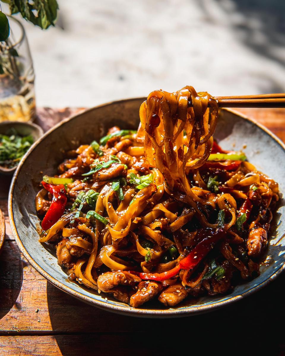 A close-up shot of Sticky Garlic Chicken Noodles being lifted with chopsticks, showing tender chicken, colorful bell peppers, and glossy noodles.
