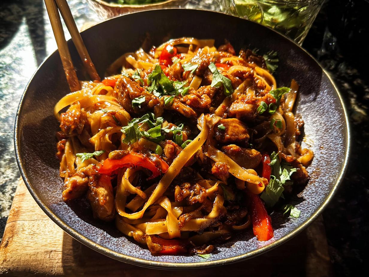 A close-up of a bowl filled with delicious Sticky Garlic Chicken Noodles, garnished with fresh herbs.