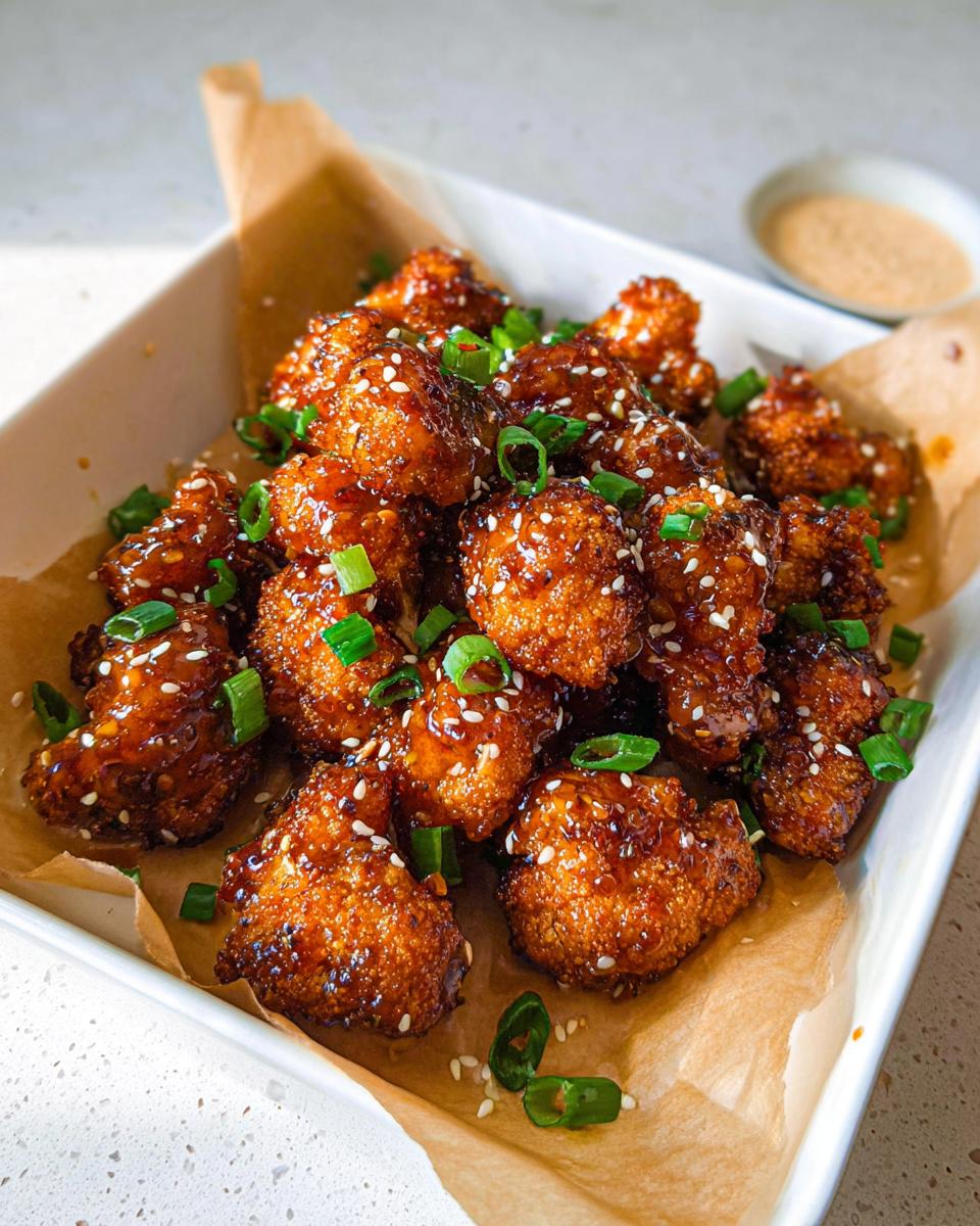 Close-up of Irresistible Sticky Honey Garlic Cauliflower Recipe bites, coated in a glossy sauce and sprinkled with sesame seeds and green onions.