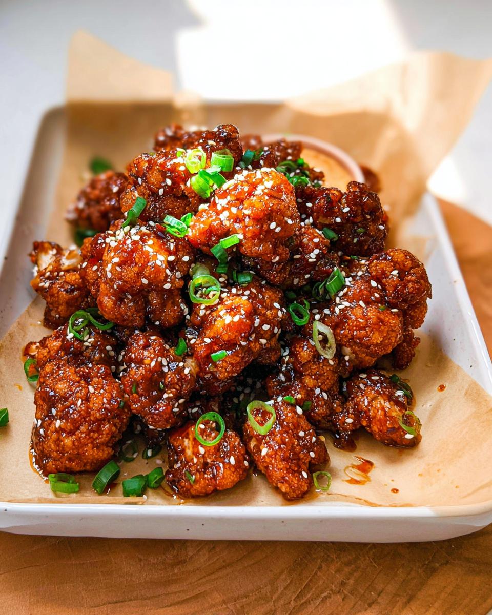 A close-up of Irresistible Sticky Honey Garlic Cauliflower bites, coated in a glossy sauce and sprinkled with sesame seeds and green onions.