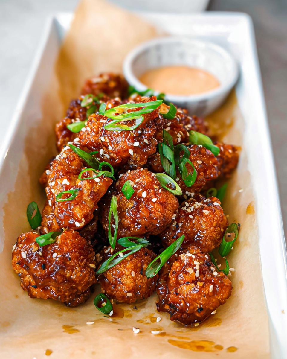 Close-up of Irresistible Sticky Honey Garlic Cauliflower bites, coated in a glossy sauce and sprinkled with sesame seeds and green onions.