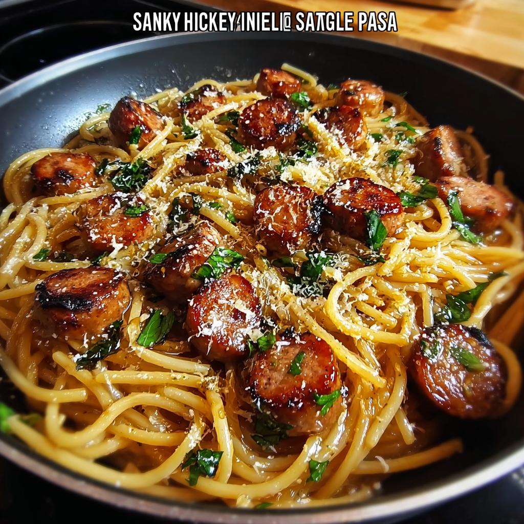 Delicious Sticky Honey Garlic Sausage Pasta Skillet served in a black pan, topped with grated cheese and fresh parsley.