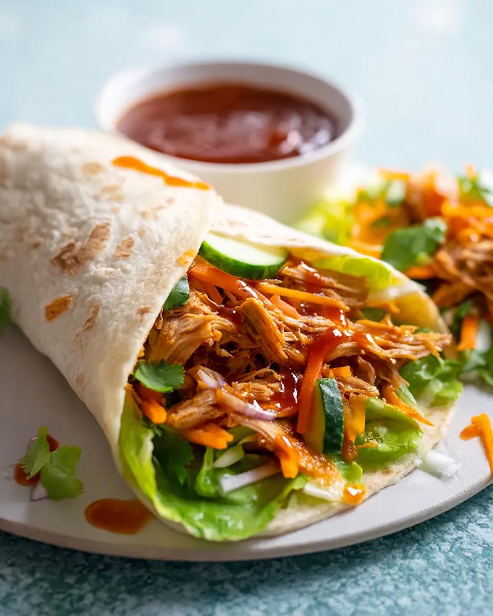Close-up of a Sweet Chili Chicken Wrap filled with shredded chicken, lettuce, cucumber, and carrots, drizzled with sauce.