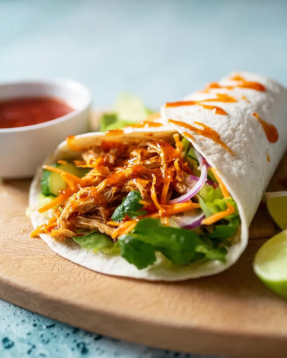A close-up of a Sweet Chili Chicken Wrap filled with shredded chicken, lettuce, carrots, and red onion, drizzled with sauce.