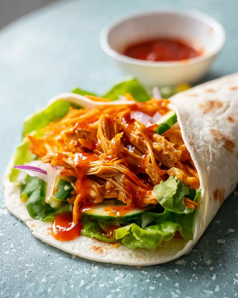 A close-up of a sweet chili chicken wrap filled with shredded chicken, lettuce, cucumber, and red onion, drizzled with sauce.
