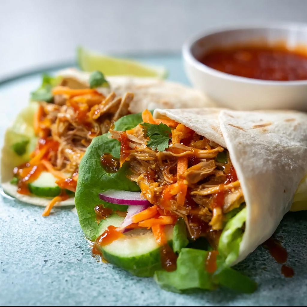 Close-up of two Sweet Chili Chicken Wraps filled with shredded chicken, lettuce, cucumber, carrots, and drizzled with sauce.