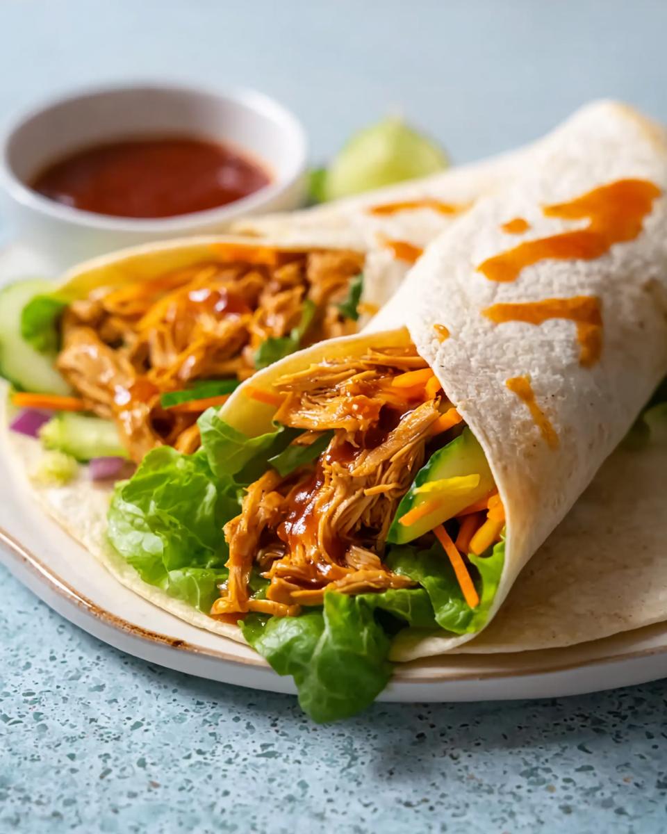 Two delicious Sweet Chili Chicken Wraps filled with shredded chicken, lettuce, cucumber, and carrots.