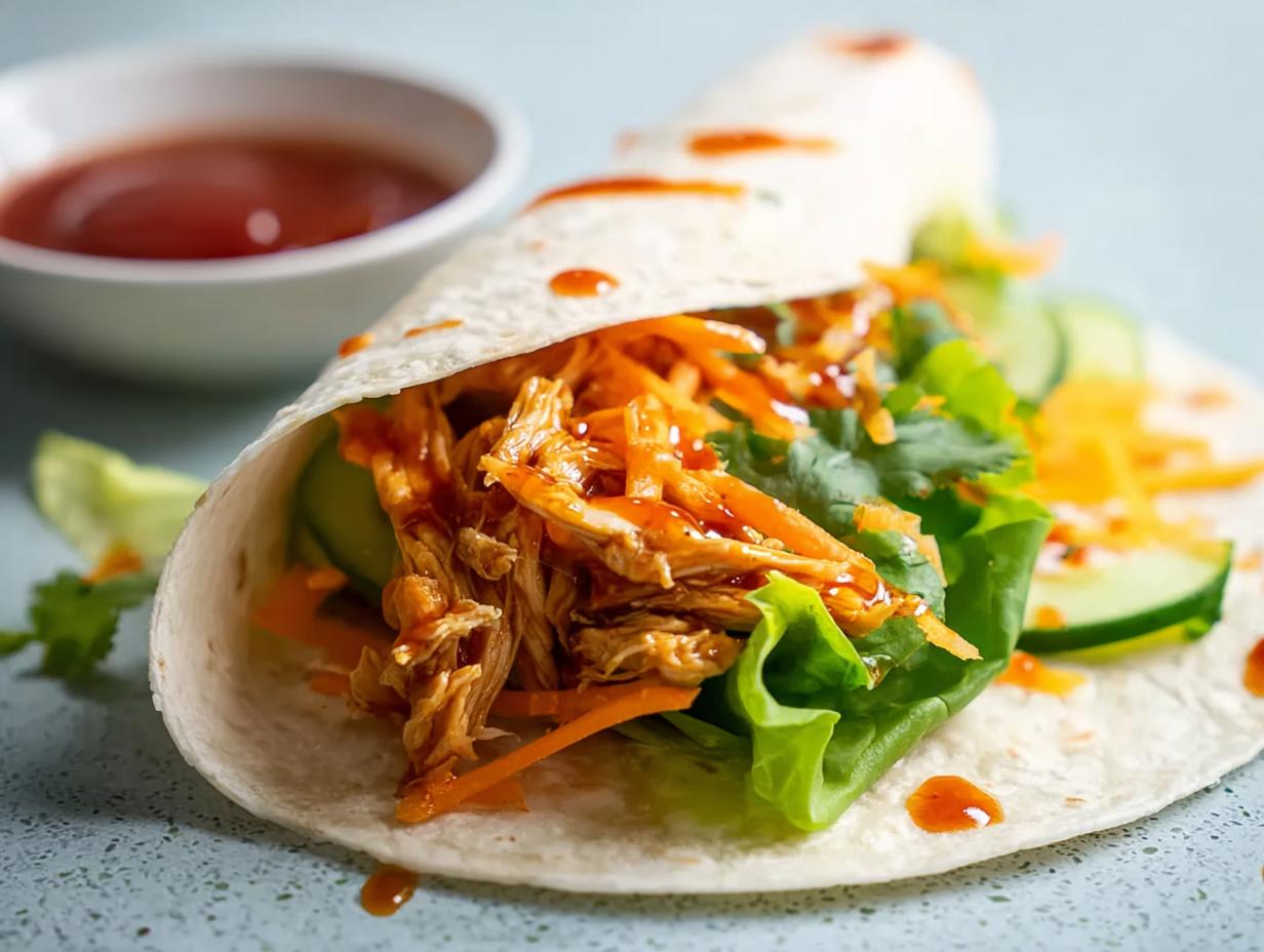 A close-up of a Sweet Chili Chicken Wrap filled with shredded chicken, lettuce, cucumber, and carrots, drizzled with sauce.
