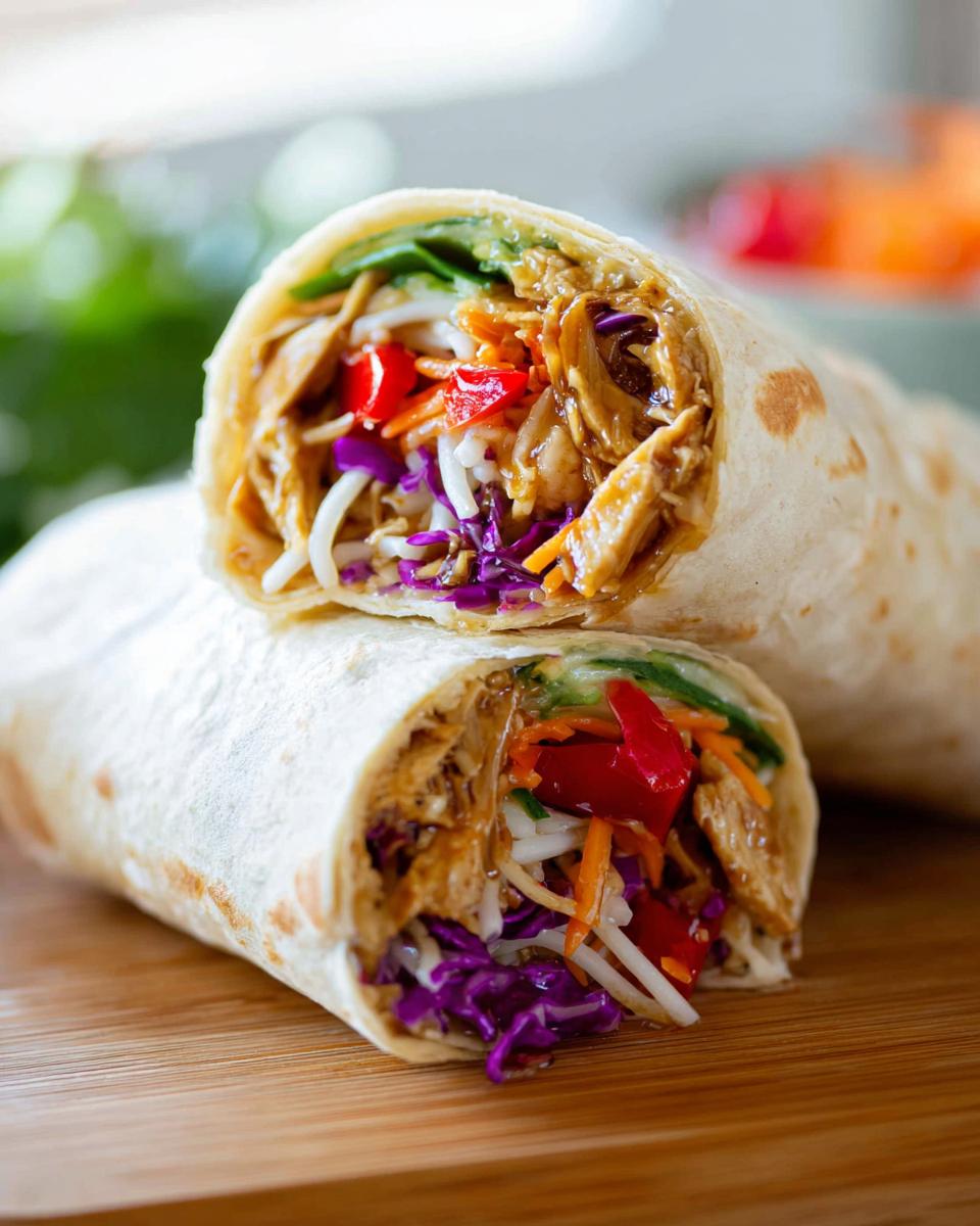 Close-up of a halved Teriyaki Chicken Wrap filled with shredded chicken, colorful vegetables, and sauce.