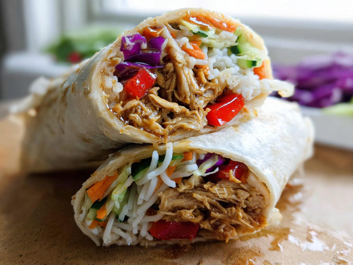 A close-up of a Teriyaki Chicken Wrap cut in half, showing shredded teriyaki chicken, rice, and colorful vegetables.