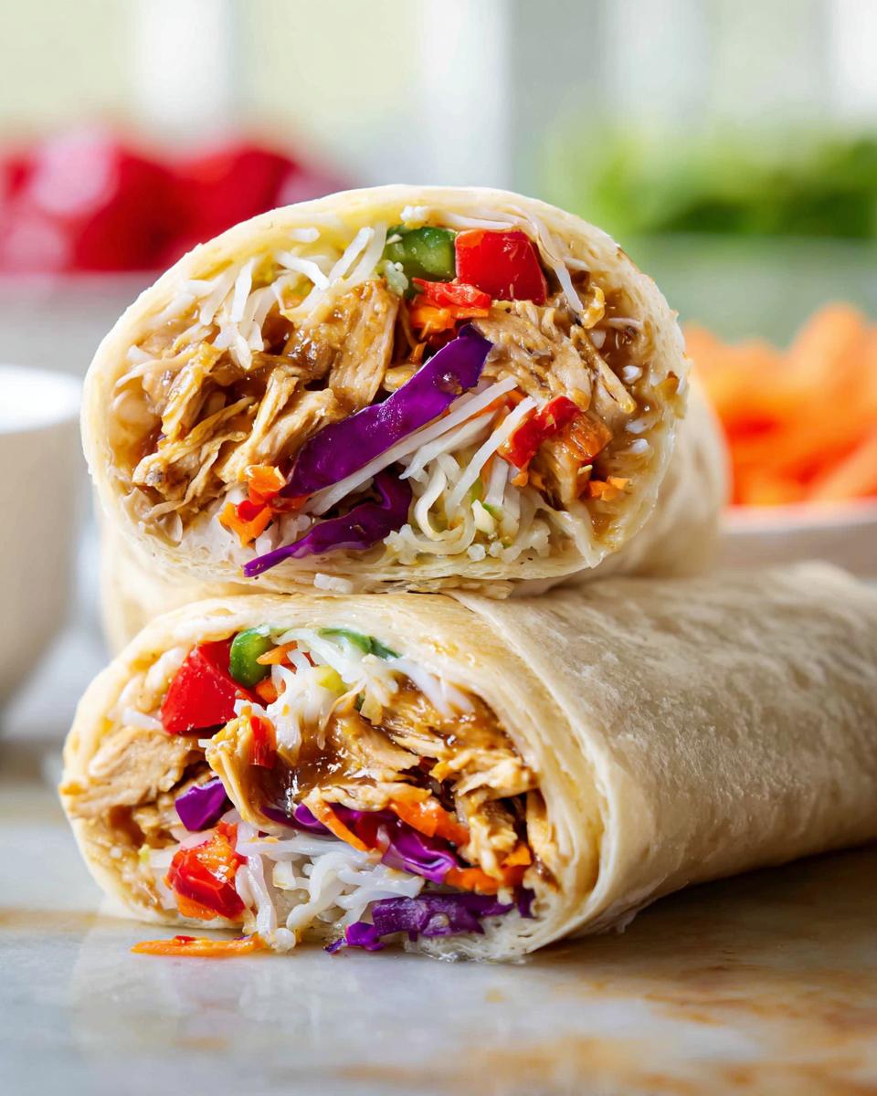 A halved teriyaki chicken wrap showing shredded chicken, rice noodles, and colorful vegetables like red cabbage and bell peppers.