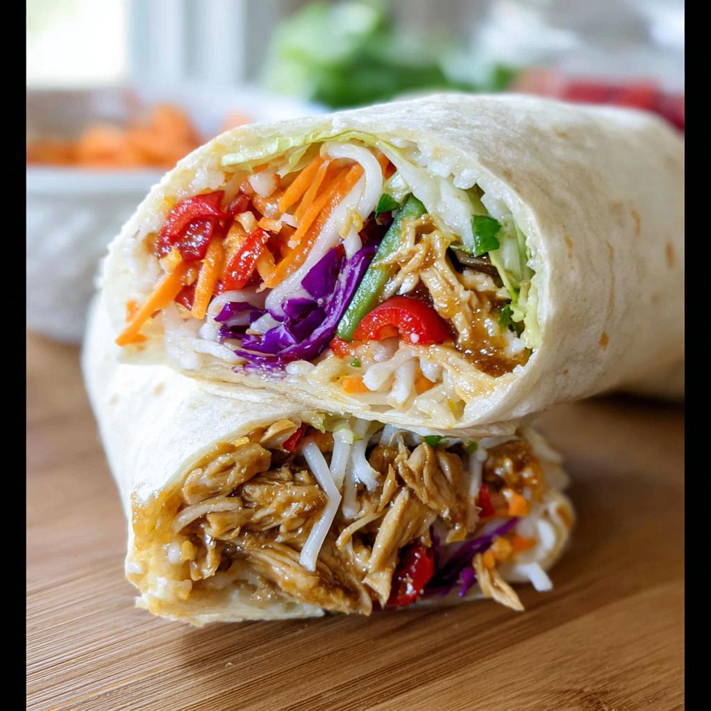A halved Teriyaki Chicken Wrap showing shredded chicken, colorful vegetables, and rice inside a tortilla.