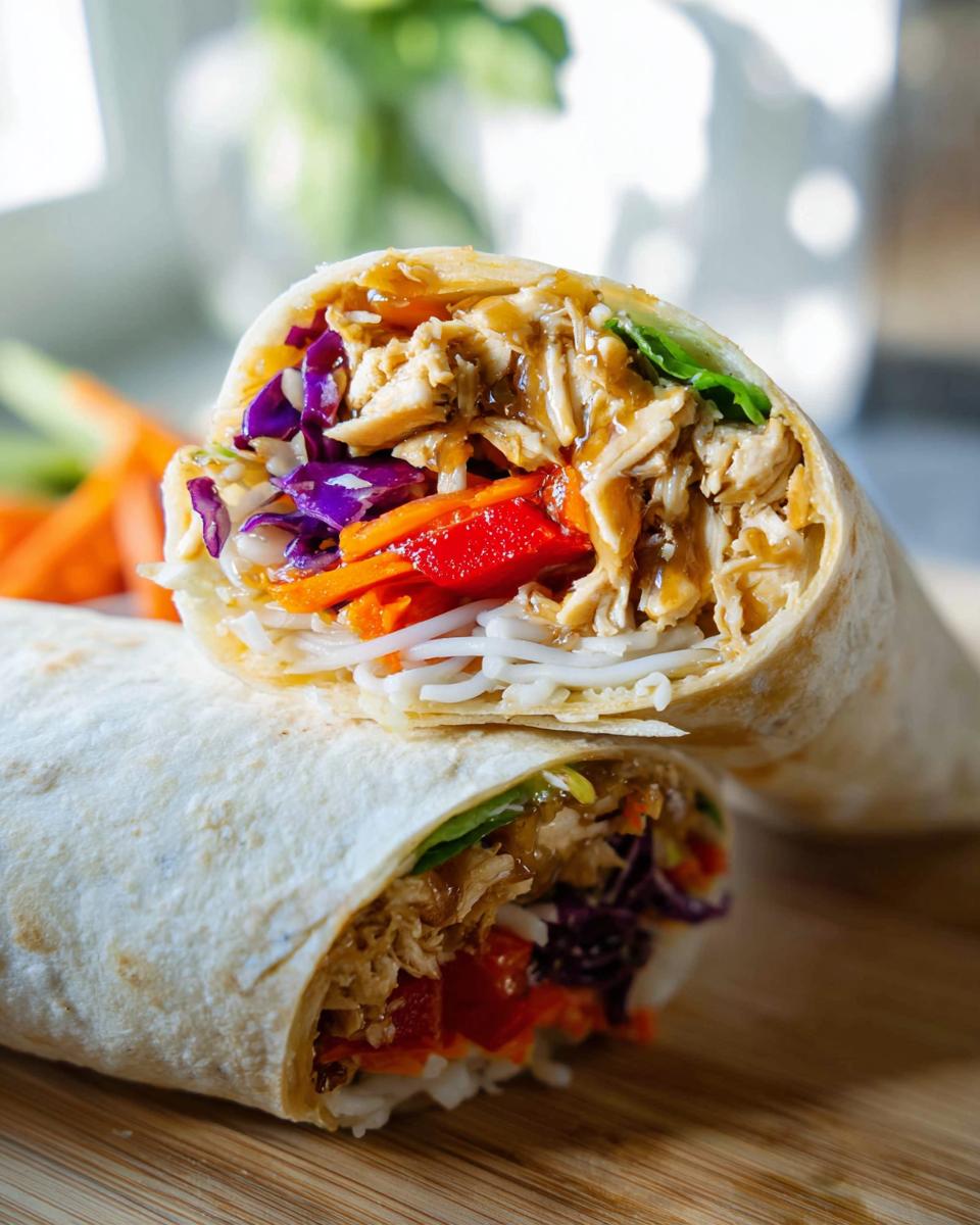 A close-up of a Teriyaki Chicken Wrap cut in half, showing shredded chicken, colorful vegetables, and noodles.