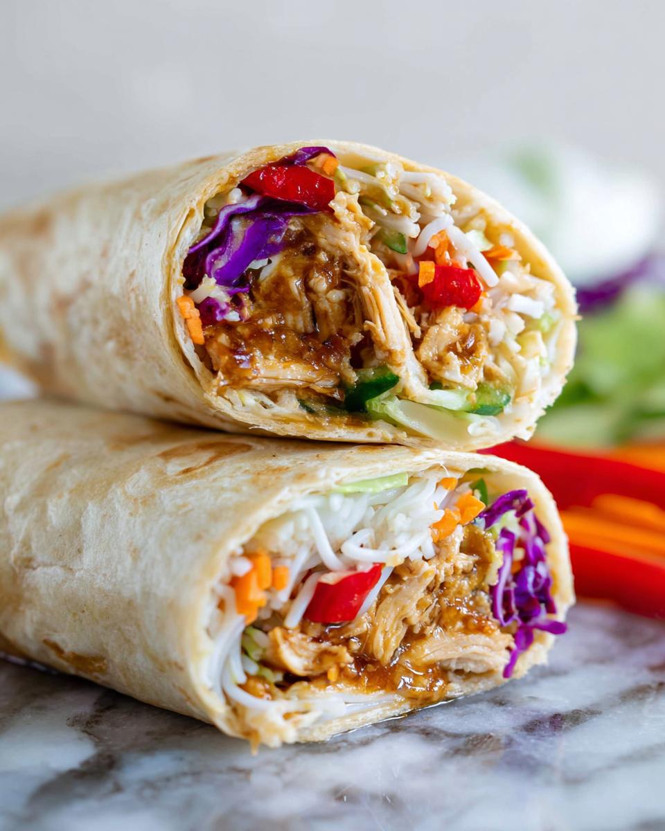 A close-up of a Teriyaki Chicken Wrap cut in half, showing shredded chicken, rice noodles, and colorful vegetables.
