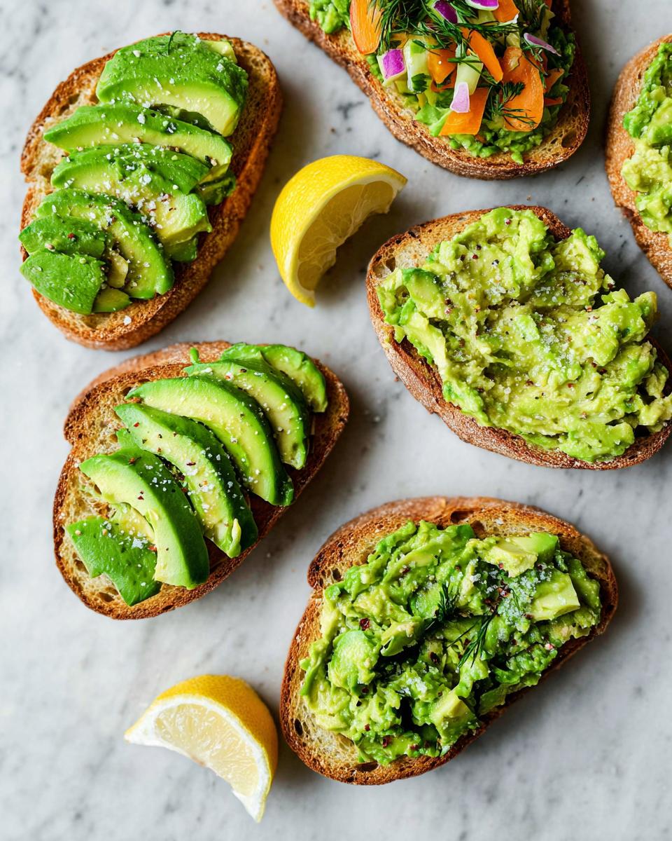 Assortment of avocado toast on toasted bread, some topped with sliced avocado and sea salt, others mashed with herbs and spices.