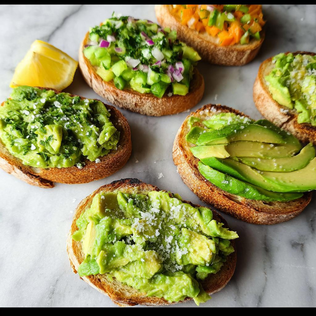 Assortment of delicious avocado toast on toasted bread, with various toppings and a lemon wedge.