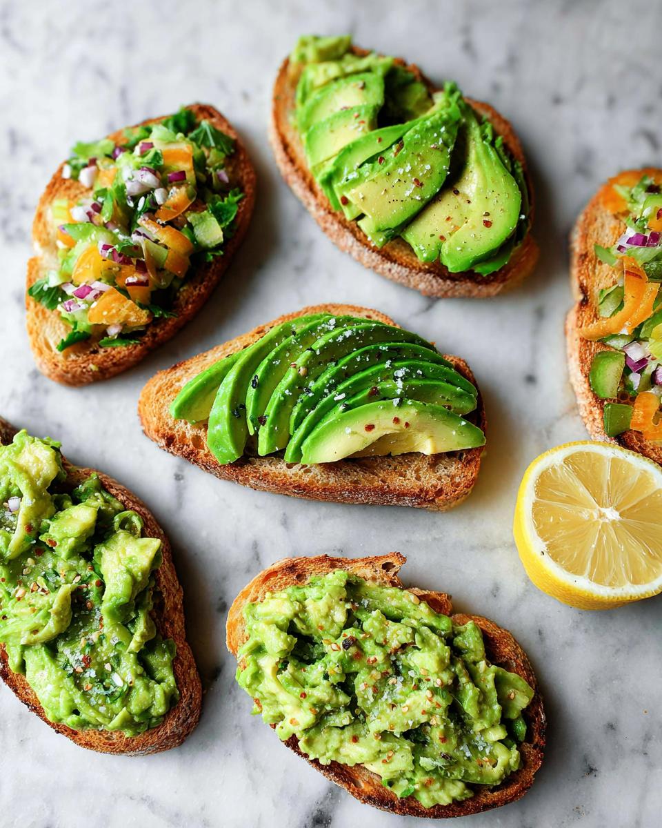 A variety of avocado toast toppings on toasted bread, including sliced avocado and mashed avocado with red pepper flakes.