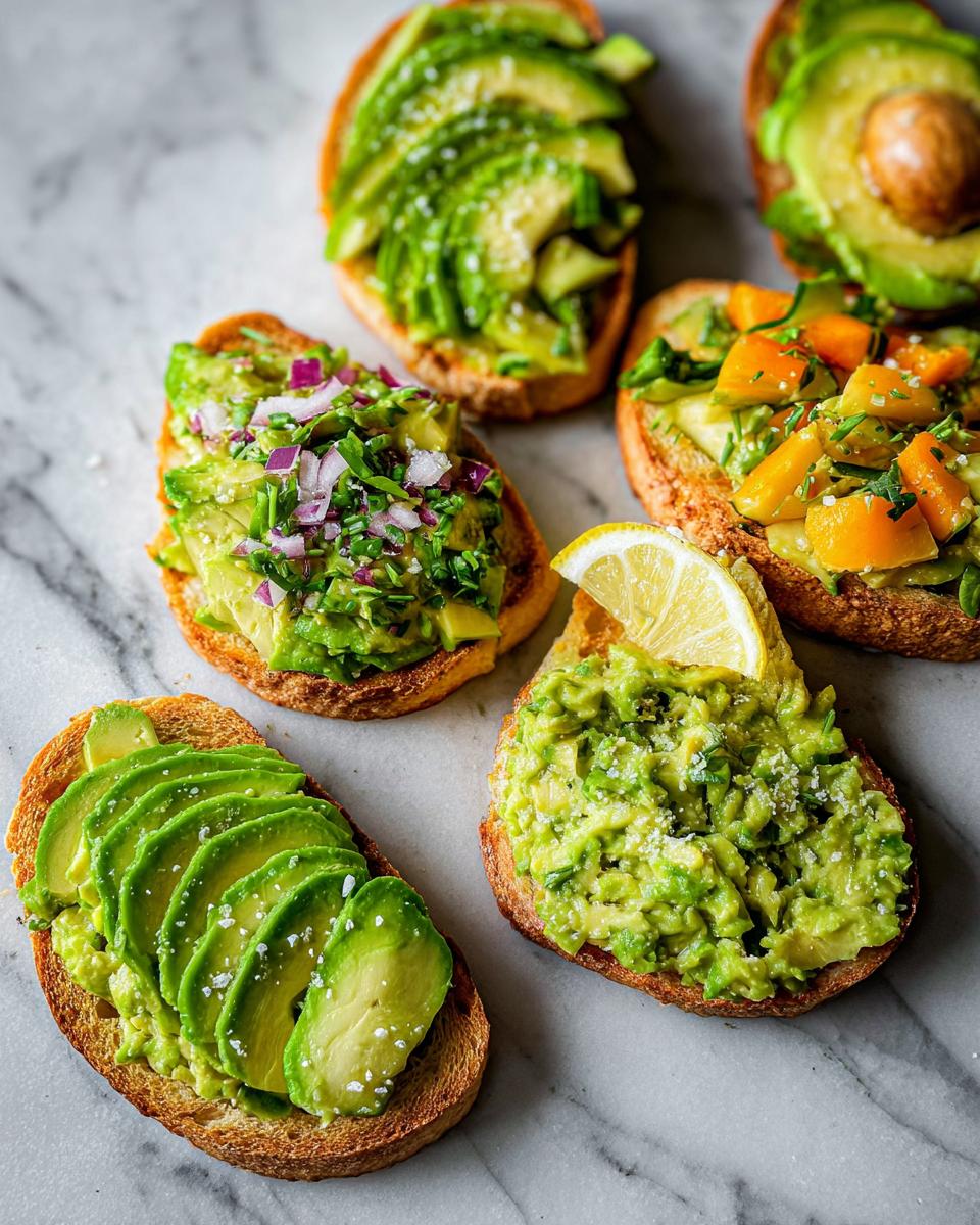 A variety of delicious avocado toast recipes, showcasing sliced avocado, mashed avocado with toppings, and a lemon slice.