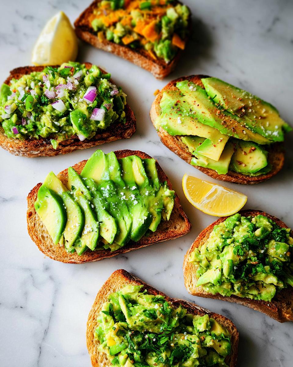 A variety of avocado toast toppings on toasted bread, including sliced avocado, mashed avocado with red onion, and avocado with herbs.