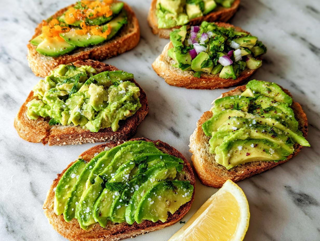 A selection of delicious avocado toast variations on toasted bread, topped with fresh avocado, herbs, and spices.