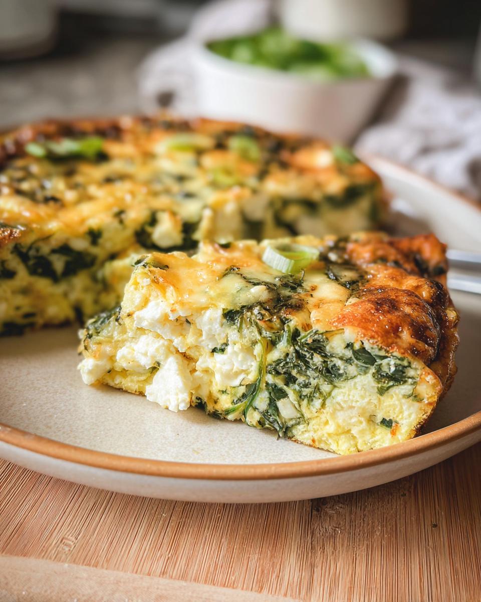 A slice of Baked Cottage Cheese Eggs with spinach and green onions, showcasing a fluffy texture and cheesy topping.