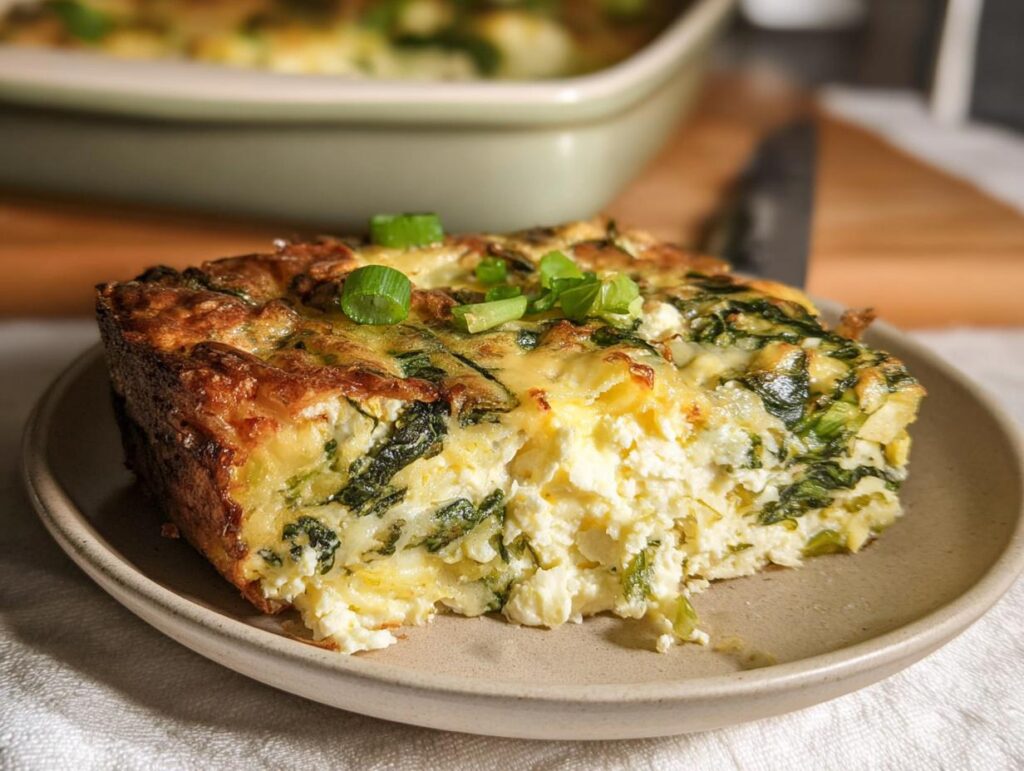 A slice of baked cottage cheese eggs with spinach and green onions on a plate.