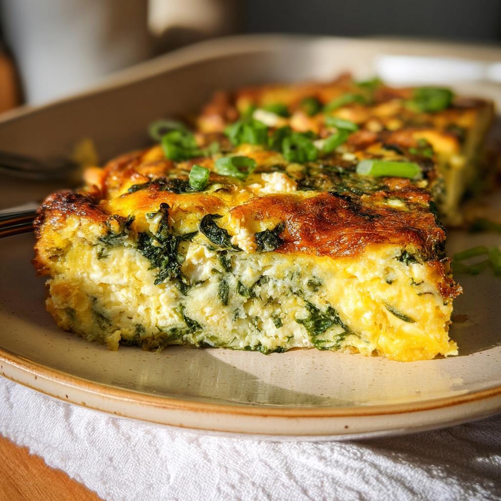 A slice of baked cottage cheese eggs with spinach, topped with green onions, on a plate.
