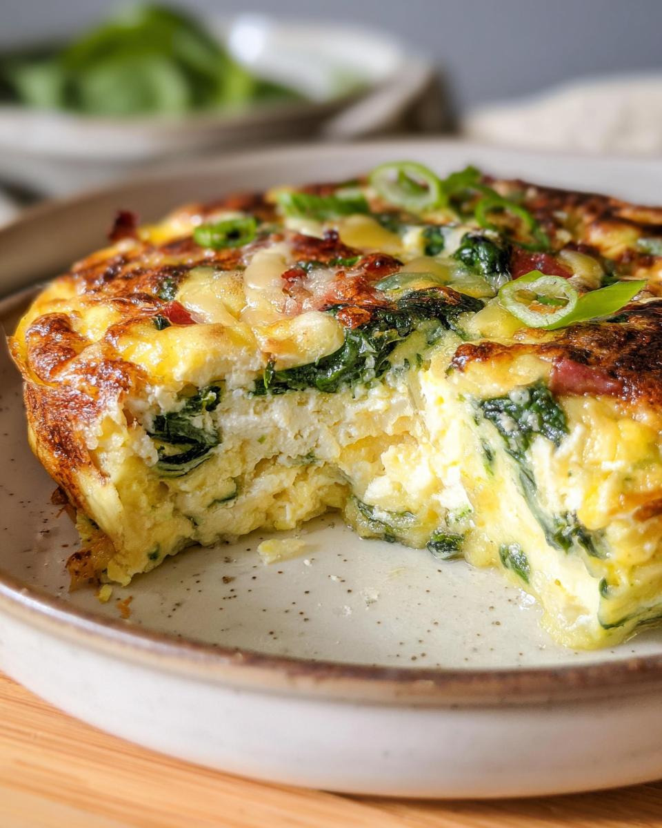 A slice of baked cottage cheese eggs with spinach and bacon, topped with green onions.