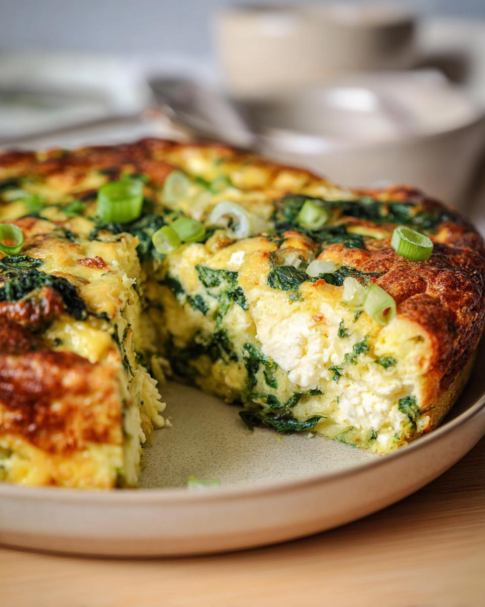 A slice of Baked Cottage Cheese Eggs with spinach and green onions on a plate, showcasing a fluffy texture and cheesy center.