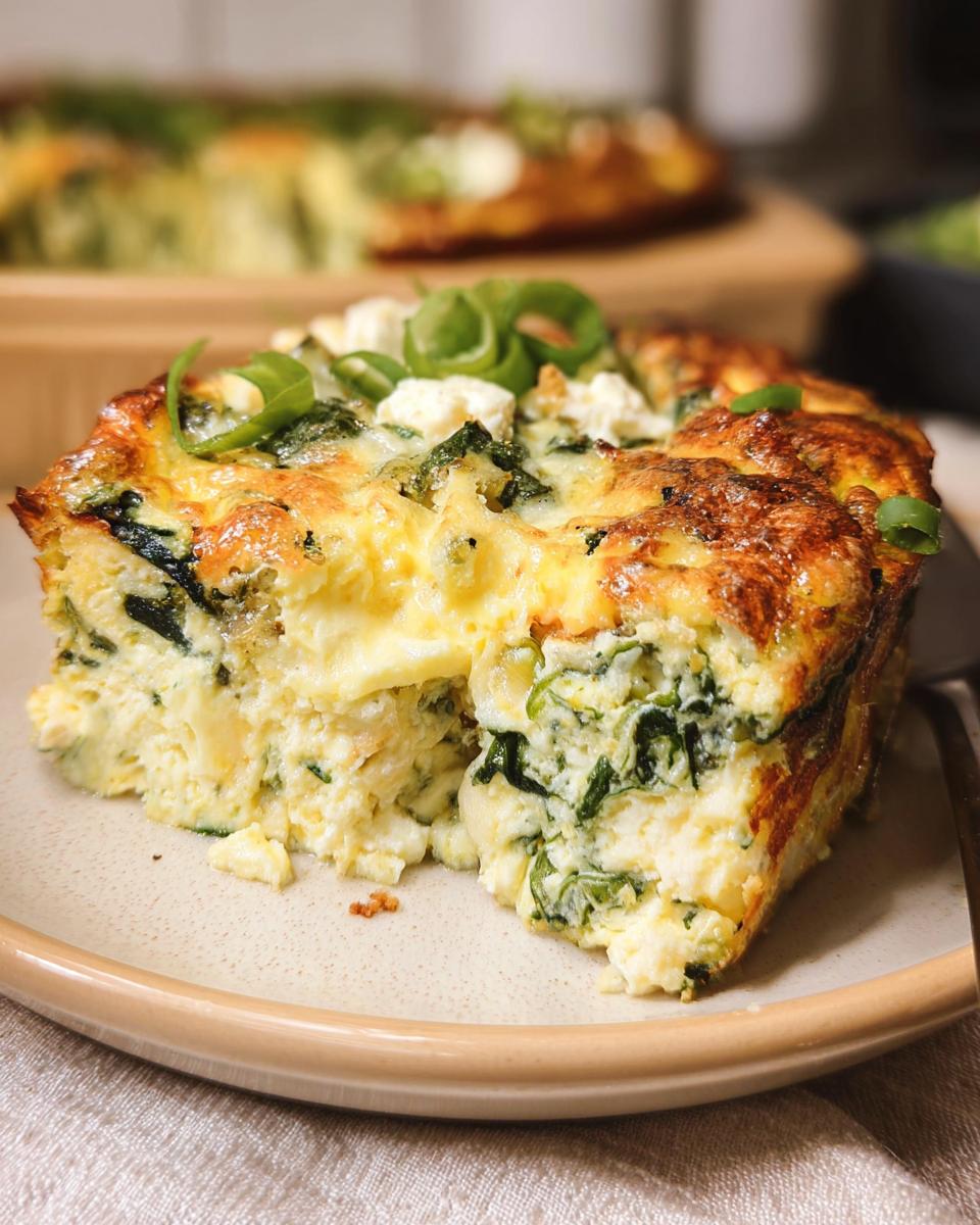 A slice of baked cottage cheese eggs with spinach and feta cheese, topped with green onions.