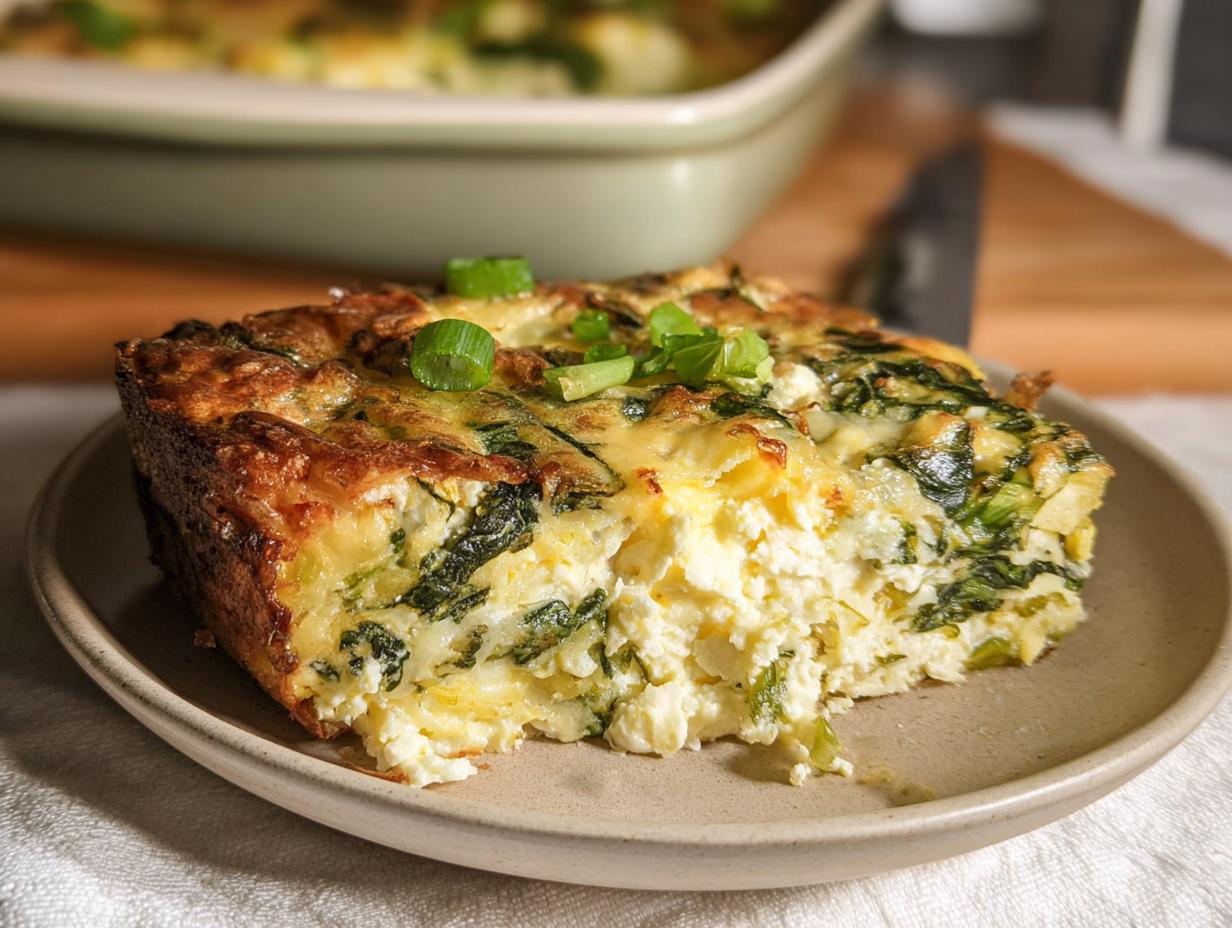 A slice of baked cottage cheese eggs with spinach and green onions on a plate.